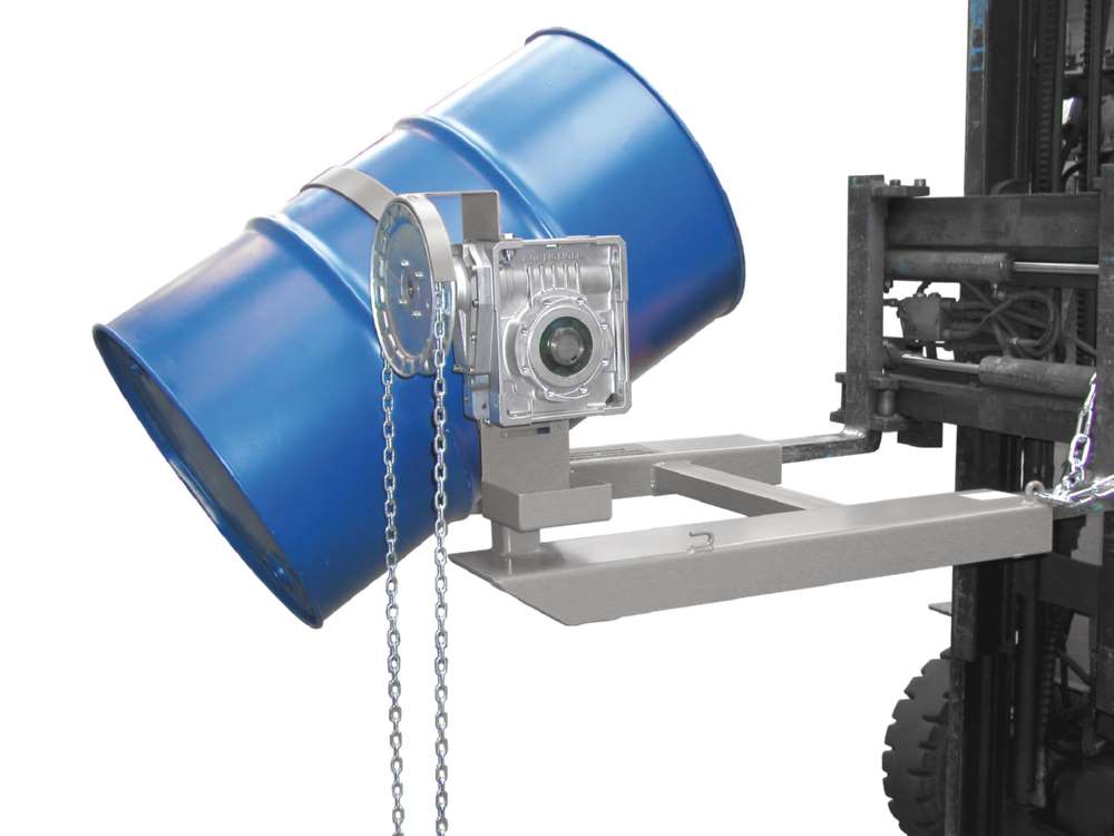 Produktbild Bauer Fasskipper FD-K lackiert mausgrau Kippvorgang mit Endloskette