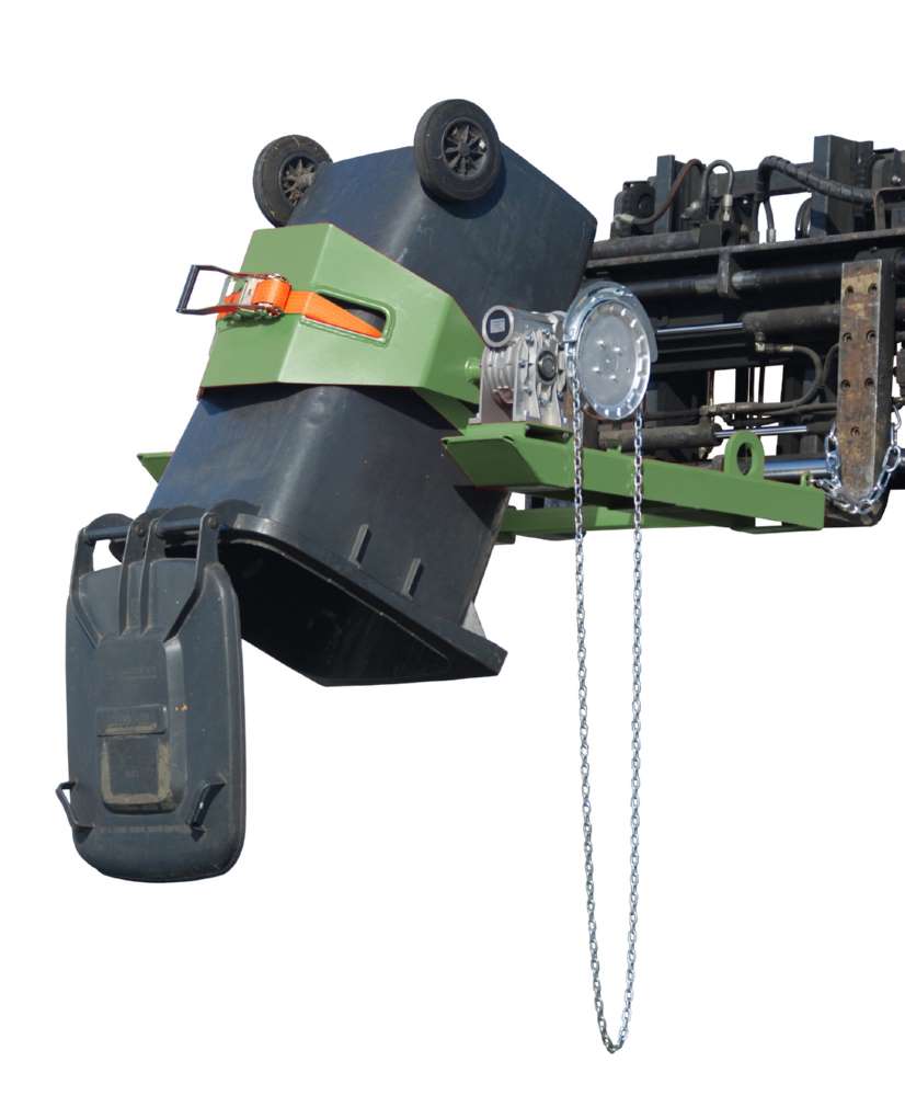 Produktbild Bauer Fasskipper FLEX-K Kippvorgang mit Endloskette lackiert resedagrün