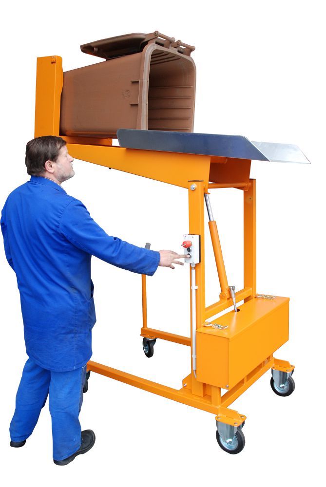 Produktbild Bauer Mülltonnen Kippstation MKS 12 Volt lackiert in der Farbe Gelborange