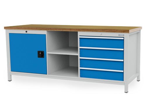 Produktbild Bedrunka+Hirth Kastenwerkbank mit 4 Schublade 1 Flügeltür mit Fachboden 2000 x 750 x 859 mm