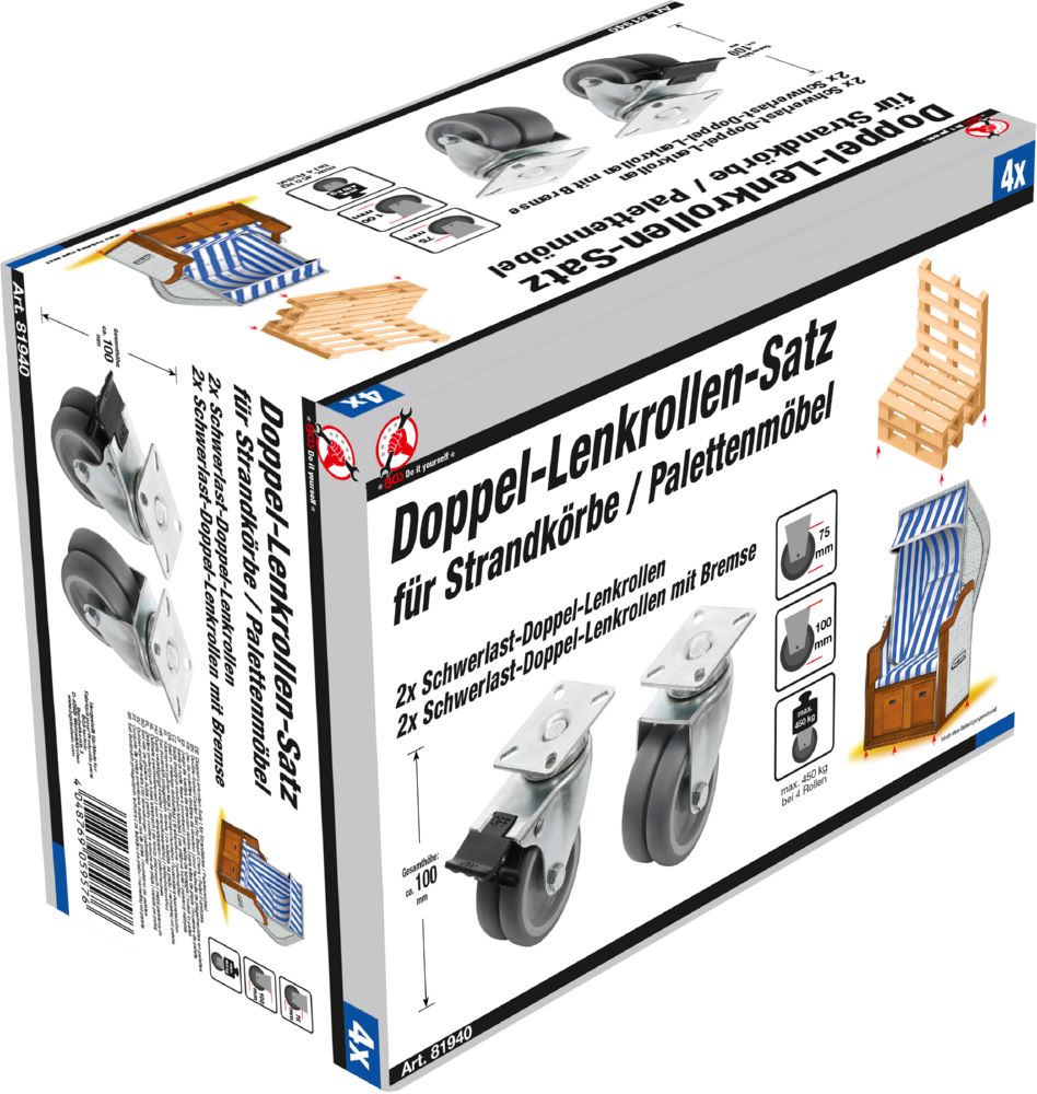 Produktbild BGS Diy Doppel Lenkrollen Satz Durchmesse 75 mm 4 teilig für Strandkörbe / Palettenmöbel bild 4