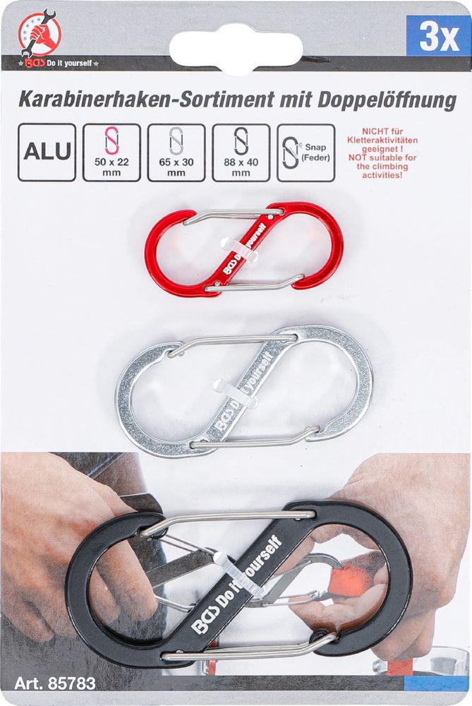 Produktbild Karabinerhaken Sortiment mit Doppelöffnung Aluminium 3 teilig bild 4