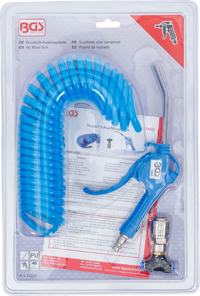 Produktbild BGS Druckluft Ausblaspistole mit Spiralschlauch 5 meter und T-Verbinder bild 4