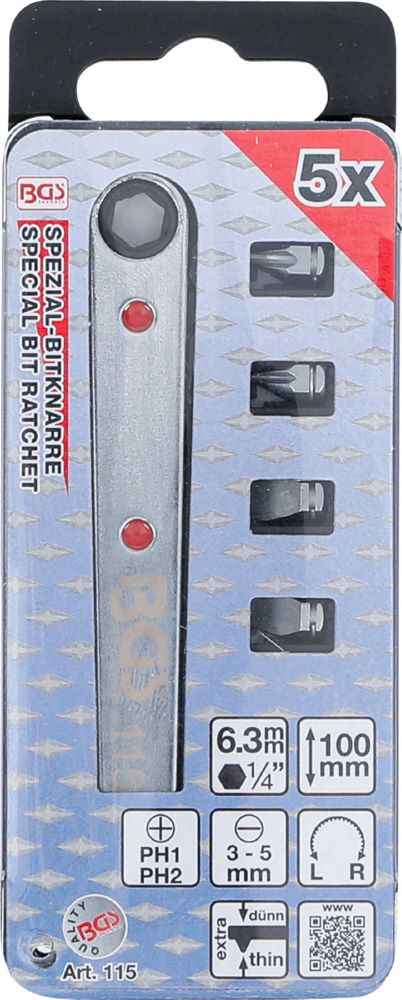 Produktbild Spezial Bitknarre ultra dünn Abtrieb Innensechskant 1/4 Zoll mit 4 Bits bild 4