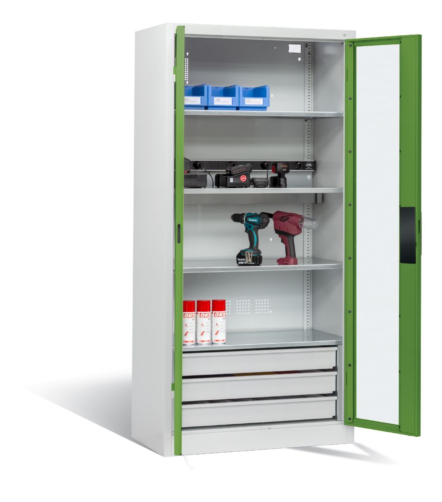 Produktbild C+P Akkuladeschrank Serie 89 1950 x 930 x 500 mm lichtgrau resedagrün bild 2