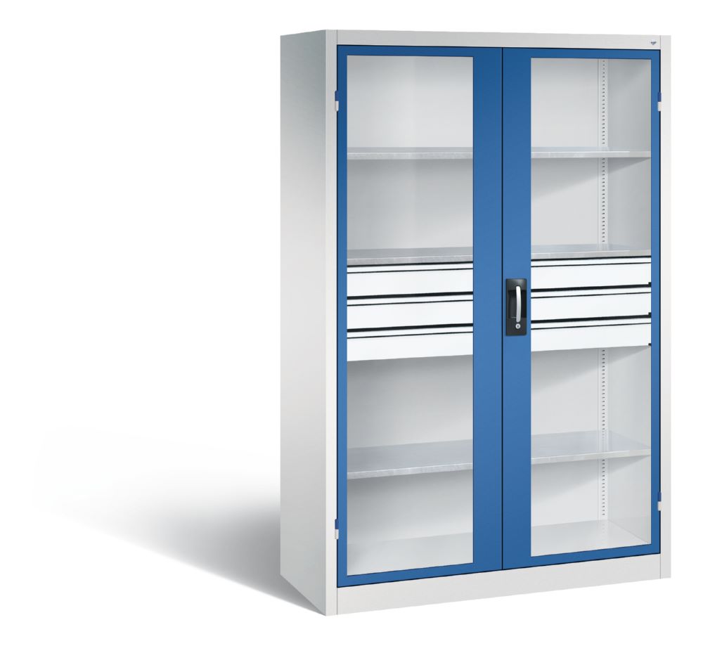 Produktbild C+P Werkstattschrank mit Fenster und Schubladen H 1950 mm lichtgrau enzianblau