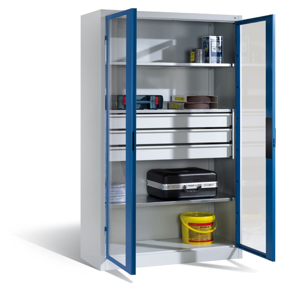 Produktbild C+P Werkstattschrank mit Fenster und Schubladen H 1950 mm lichtgrau enzianblau bild 3