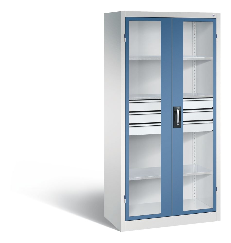 Produktbild C+P Werkstattschrank mit Fenster und Schubladen 1950 mm lichtgrau fernblau