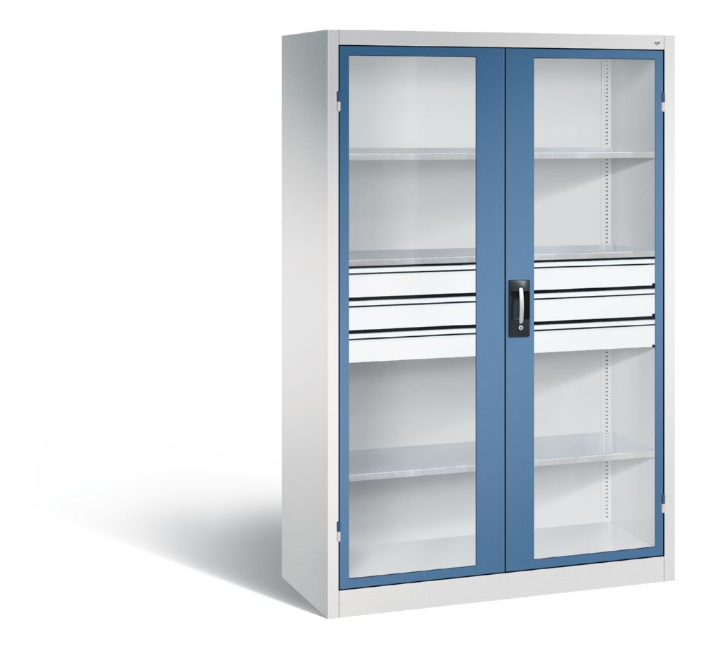 Produktbild C+P Werkstattschrank mit Fenster und Schubladen H 1950 mm lichtgrau fernblau