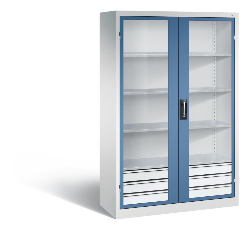 Produktbild C+P Werkstattschrank mit Fenster und Schubladen H 1950 mm lichtgrau fernblau