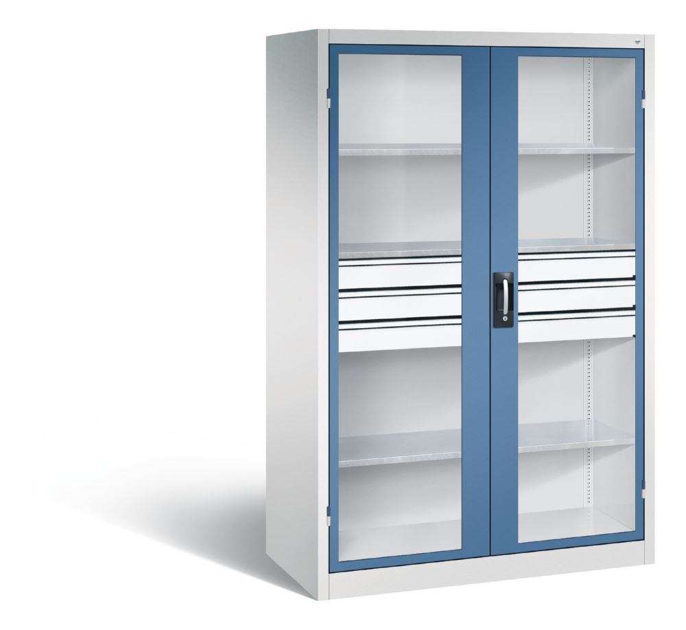 Produktbild C+P Werkstattschrank mit Fenster und Schubladen H 1950 mm lichtgrau fernblau