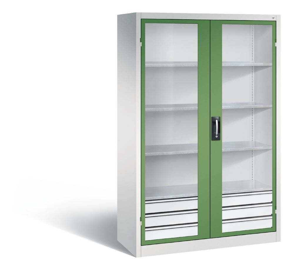 Produktbild C+P Werkstattschrank mit Fenster und Schubladen H 1950 mm lichtgrau resedagrün