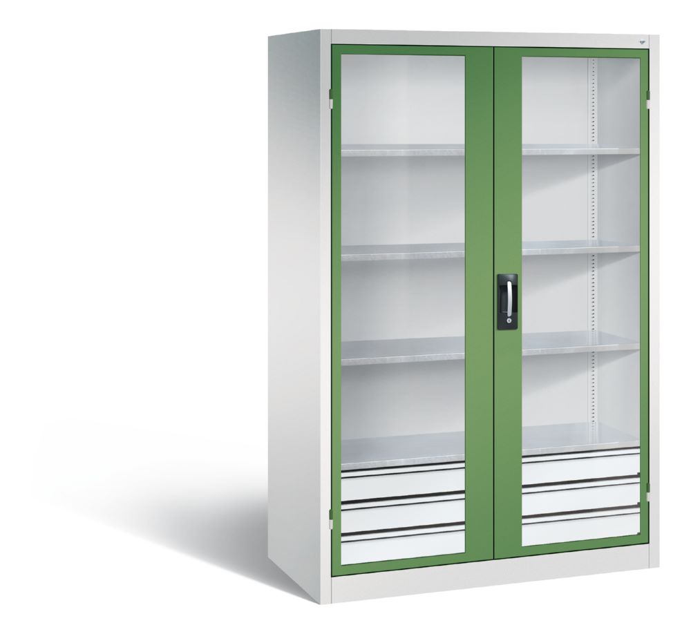 Produktbild C+P Werkstattschrank mit Fenster und Schubladen H 1950 mm lichtgrau resedagrün