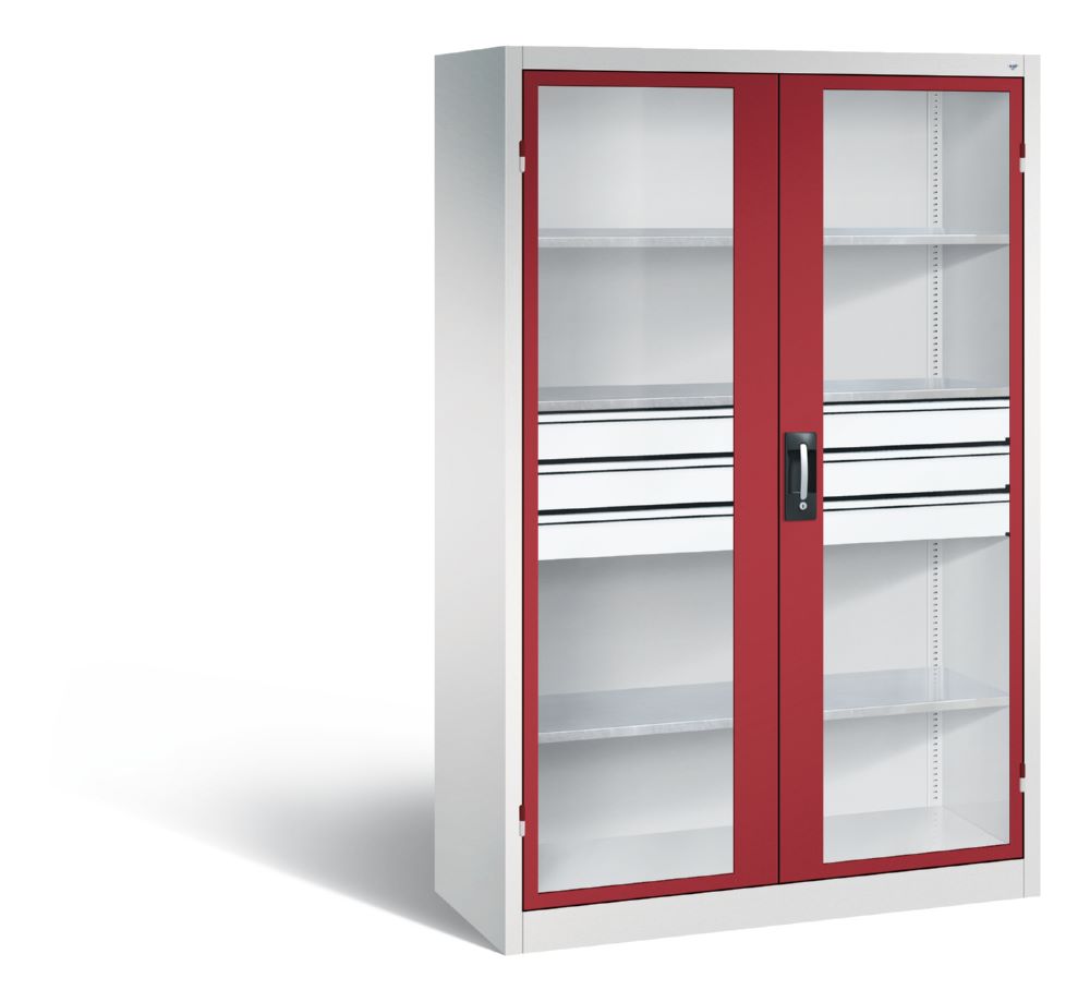 Produktbild C+P Werkstattschrank mit Fenster und Schubladen H 1950 mm lichtgrau rubinrot