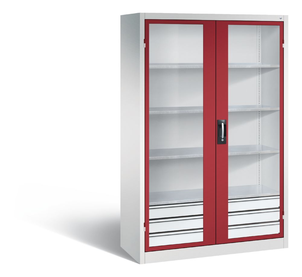 Produktbild C+P Werkstattschrank mit Fenster und Schubladen 1950 mm lichtgrau rubinrot