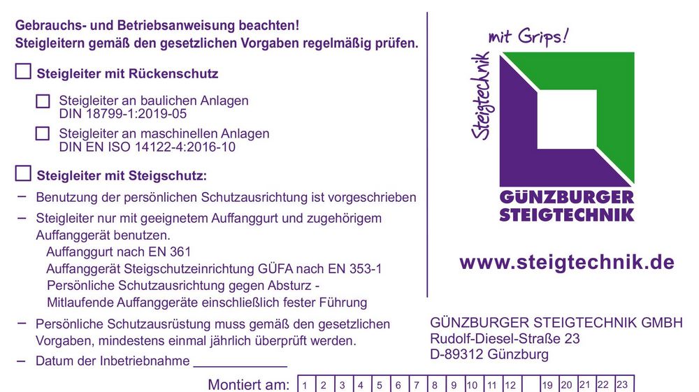 Produktbild Günzburger Kennzeichnungsschild für Steigschutzeinrichtung für Steigschutz