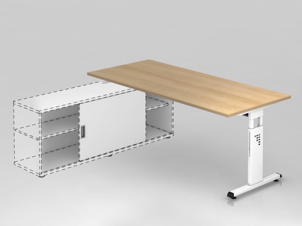 Produktbild Hammerbacher Anbauschreibtisch Eiche und T Fuß Weiß 180 x 80 cm