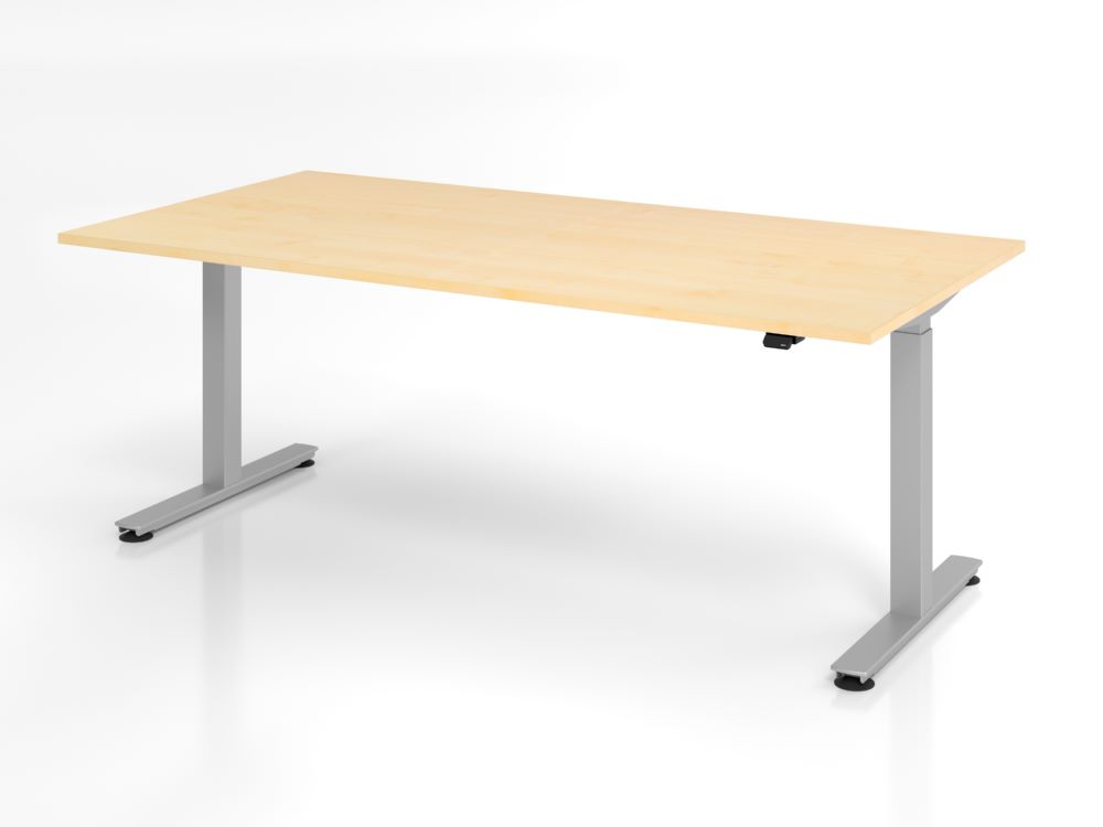 Produktbild Hammerbacher Sitz-Steh Schreibtisch 200 x 100 cm Ahorn T-Fuß Gestell in Silber