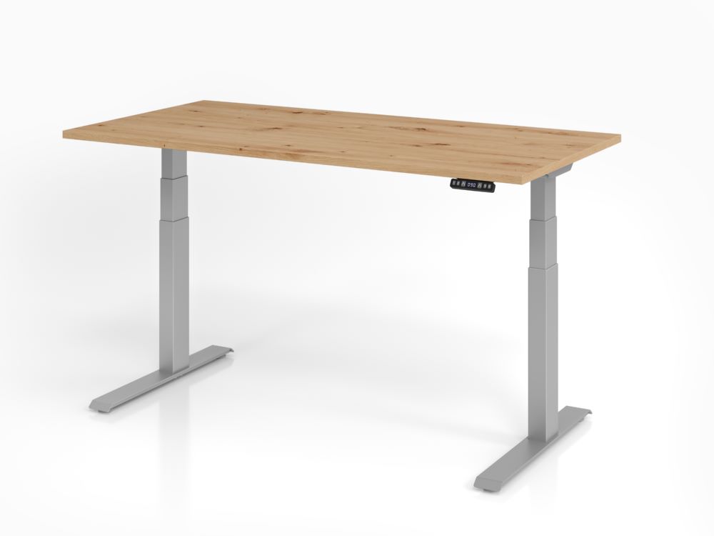 Produktbild Hammerbacher Sitz Steh Schreibtisch 160 x 80 cm Asteiche Platte 25 mm C-Fuß Gestell Silber 