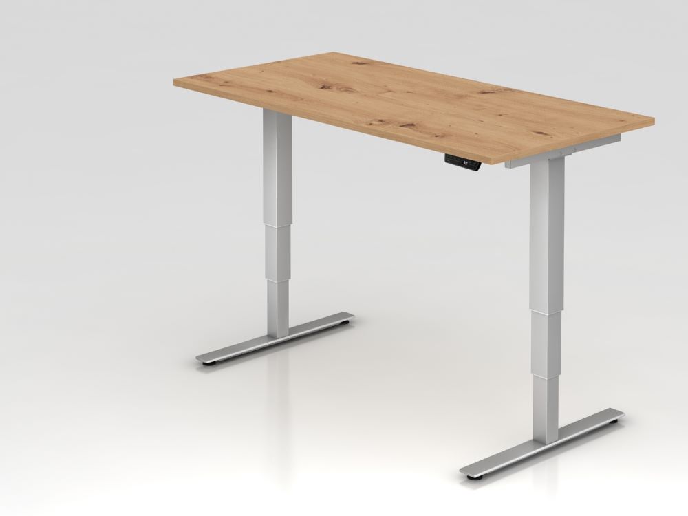Produktbild Hammerbacher Sitz Steh Schreibtisch T-Fuß Gestell in Silber 160 x 80 cm Asteiche
