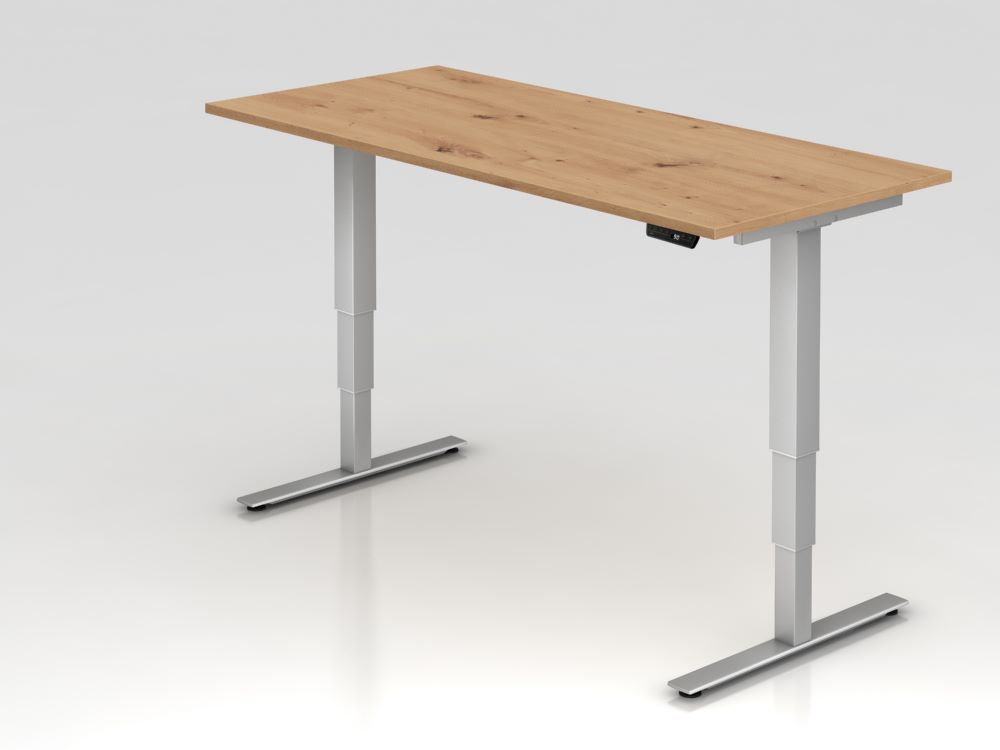 Produktbild Hammerbacher Sitz Steh Schreibtisch 180 x 80 cm Asteiche T-Fuß Gestell in Silber