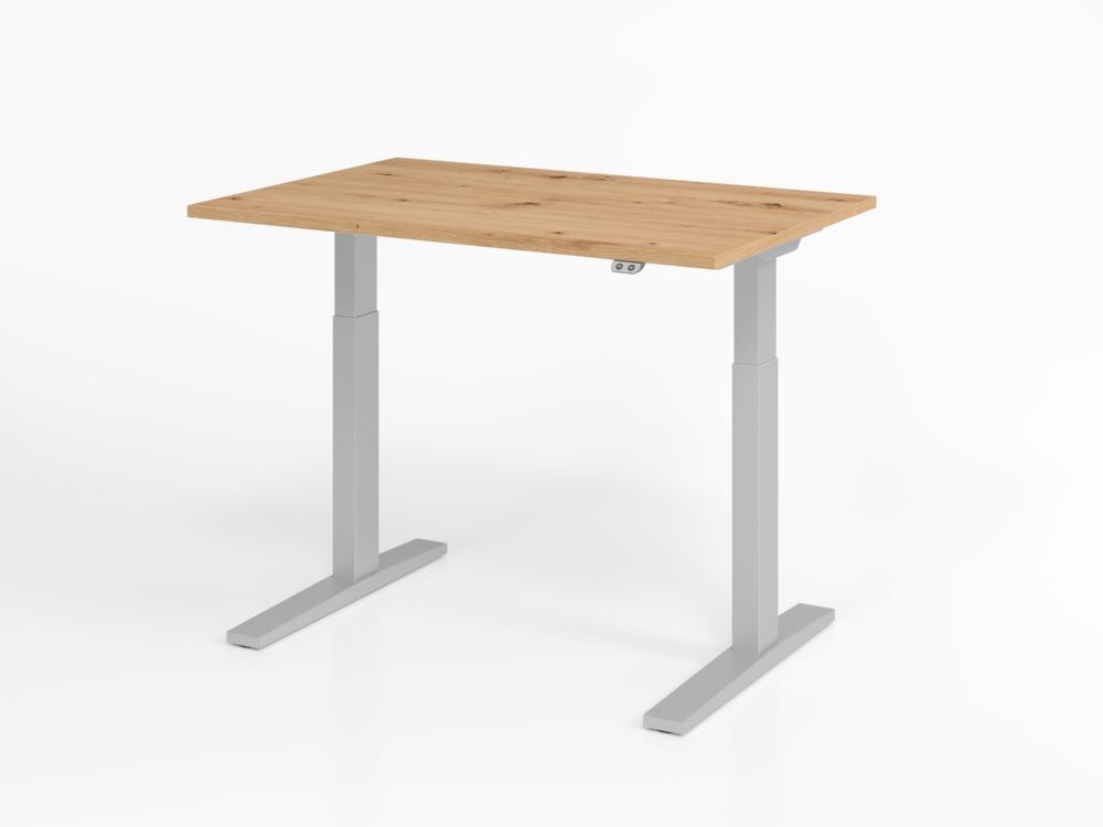 Produktbild Hammerbacher Sitz Steh Schreibtisch 120 x 80 cm Asteicheplatte 25 mm C-Fuß Gestell in Silber