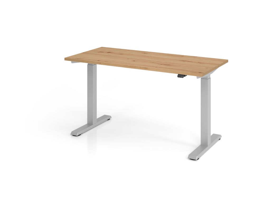 Produktbild Hammerbacher Sitz-Steh Schreibtisch 140 x 67 cm T-Fuß Gestell in Silber Platte Asteiche 25 mm