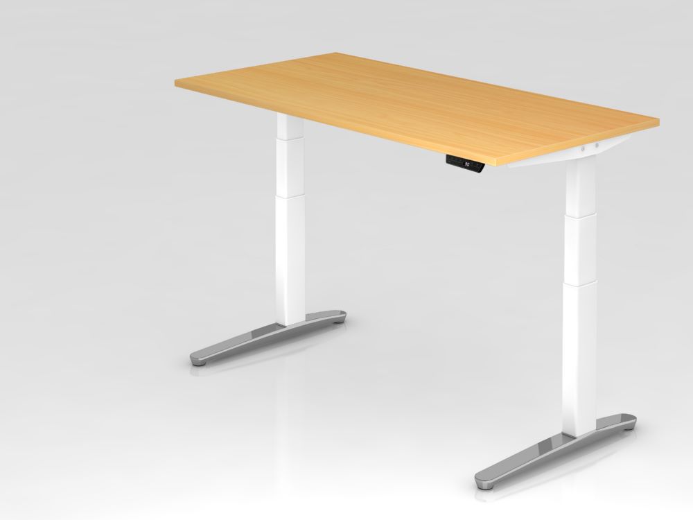 Produktbild Hammerbacher Sitz-Steh-Schreibtisch 160 x 80 cm Buche Platte 25 mm Weiß C-Fuß Gestell