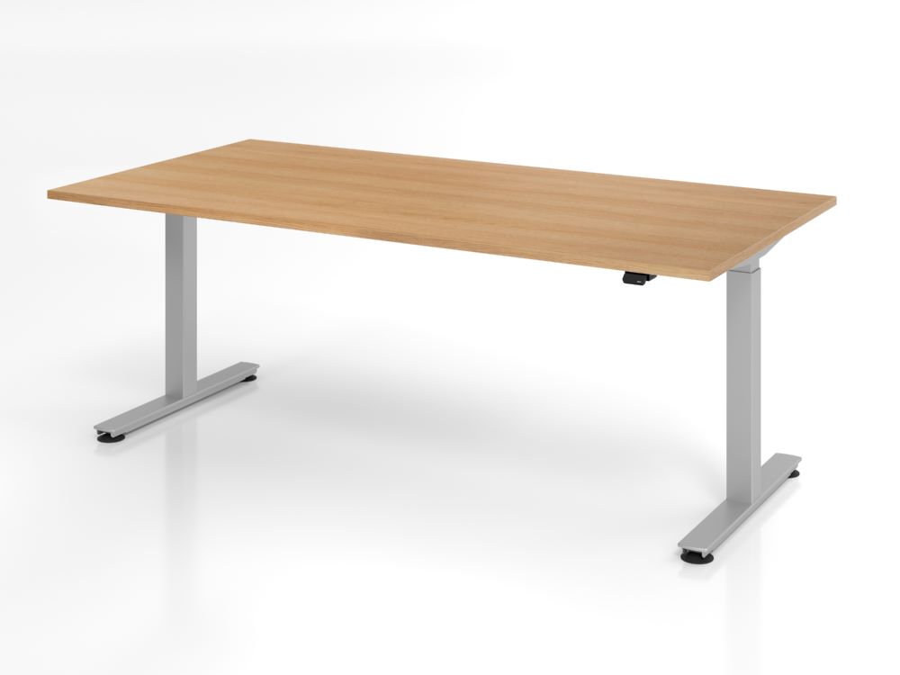 Produktbild Hammerbacher Sitz-Steh Schreibtisch T-Fuß Gestell in Silber 200 x 100 cm Eiche