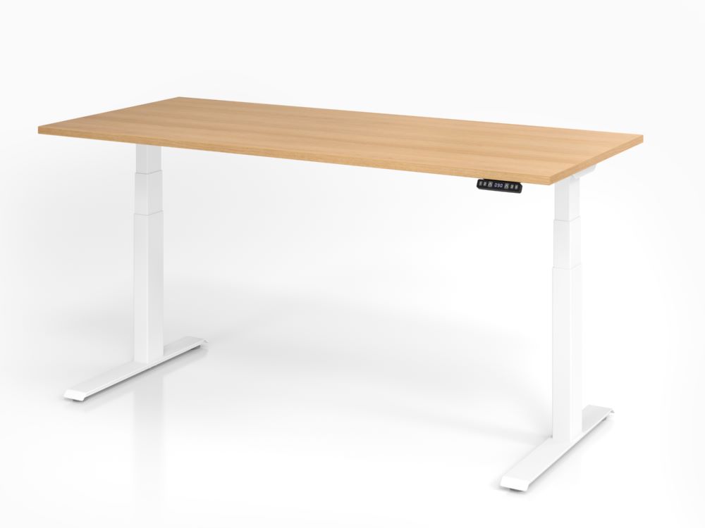 Produktbild Hammerbacher Sitz Steh Schreibtisch 180 x 80 cm Eiche C-Fuß Gestell in Weiß Höhe 64 - 129 cm