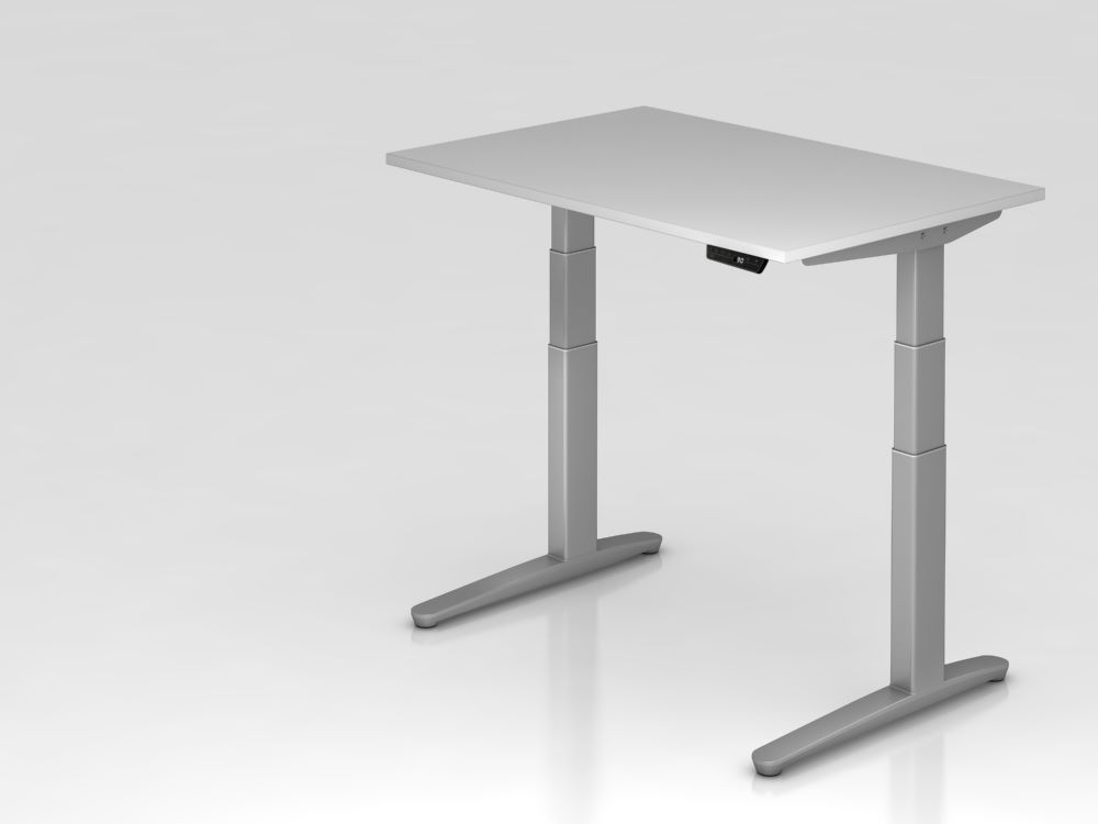 Produktbild Hammerbacher Sitz-Steh-Schreibtisch 120 x 80 cm Grau Platte 25 mm Silber C-Fuß Gestell