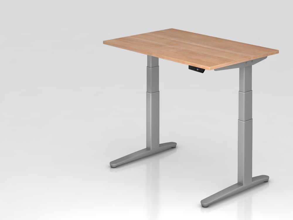 Produktbild Hammerbacher Sitz-Steh-Schreibtisch XBHM12 120 x 80 cm Nussbaum Silber Höhe 65 - 130 cm