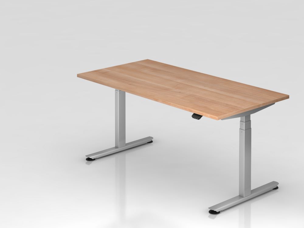 Produktbild Hammerbacher Sitz Steh Schreibtisch 160 x 80 cm Nussbaum T-Fuß Gestell Silber Höhe 63-127 cm