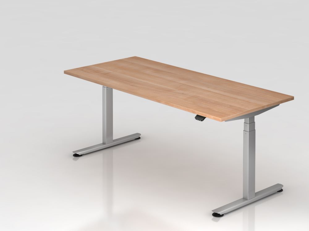 Produktbild Hammerbacher Sitz-Steh-Schreibtisch 180 x 80 cm T-Fuß Gestell in Silber Nussbaumplatte 25 mm