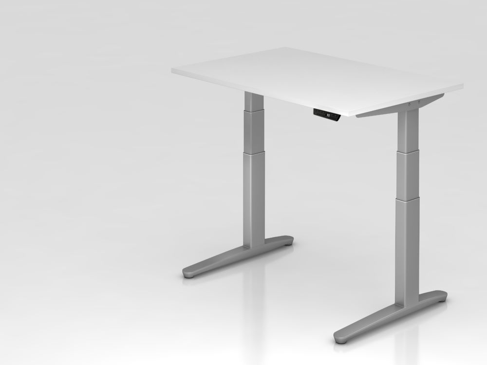 Produktbild Hammerbacher Sitz-Steh-Schreibtisch elektrisch 120x80cm Weiß C-Fuß Gestell Silber