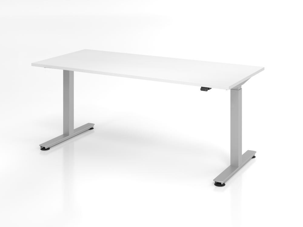 Produktbild Hammerbacher Sitz-Steh Schreibtisch 180 x 80 cm Platte Weiß T-Fuß Gestell in Silber