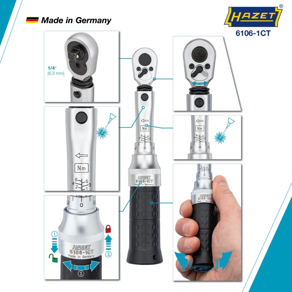 Produktbild Hazet Drehmomentschlüssel DAkkS Kalibrierschein 6106-1CTCAL 1-6 Nm 1/4 Zoll 197 mm bild 7