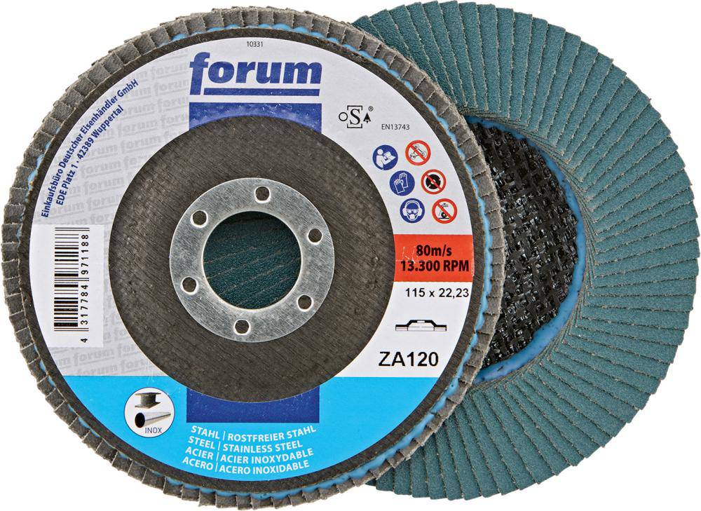 Produktbild FORUM Fächerschleifscheibe 115 mm gerade Zirkonkorund 120 Bohrung 22,23 mm