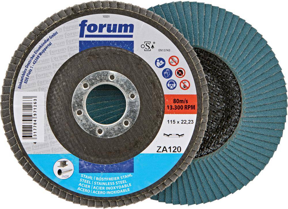 Produktbild FORUM Fächerschleifscheibe 115 mm Zirkonkorund 120 12 grad gewölbt