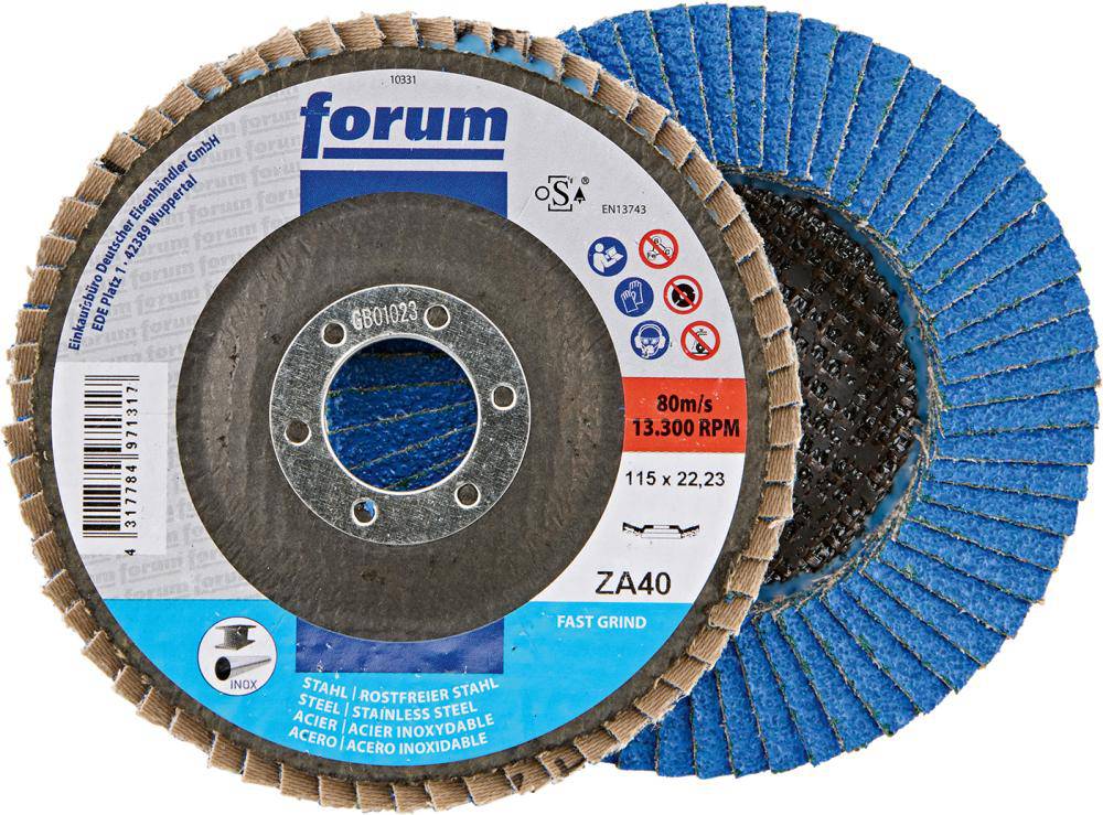 Produktbild FORUM Fächerschleifscheibe 115 mm Zirkonkorund 40 12 grad gewölbt Drehzahl 13300 min-1