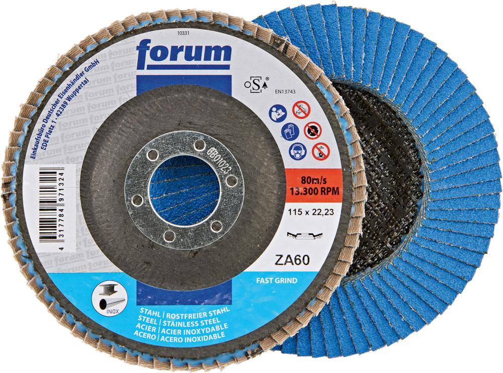 Produktbild FORUM Fächerschleifscheibe 115 mm Zirkonkorund 60 12 grad gewölbt Drehzahl 13300 min-1