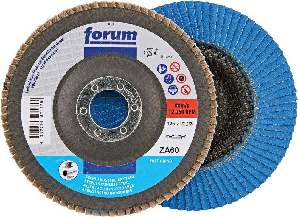 Produktbild FORUM Fächerschleifscheibe 125 mm Zirkonkorund 60 12 grad gewölbt Drehzahl 12200 min-1