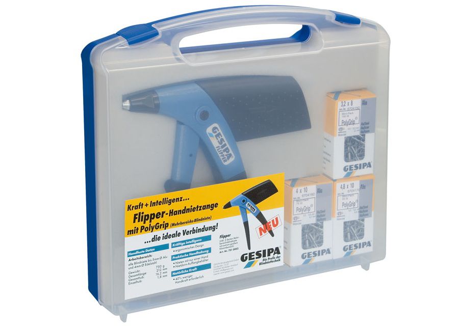Produktbild Gesipa Flipper Box Set: Hand-Blindniet-Setzgerät + 3 PolyGrip-Blindniet-Abmessungen