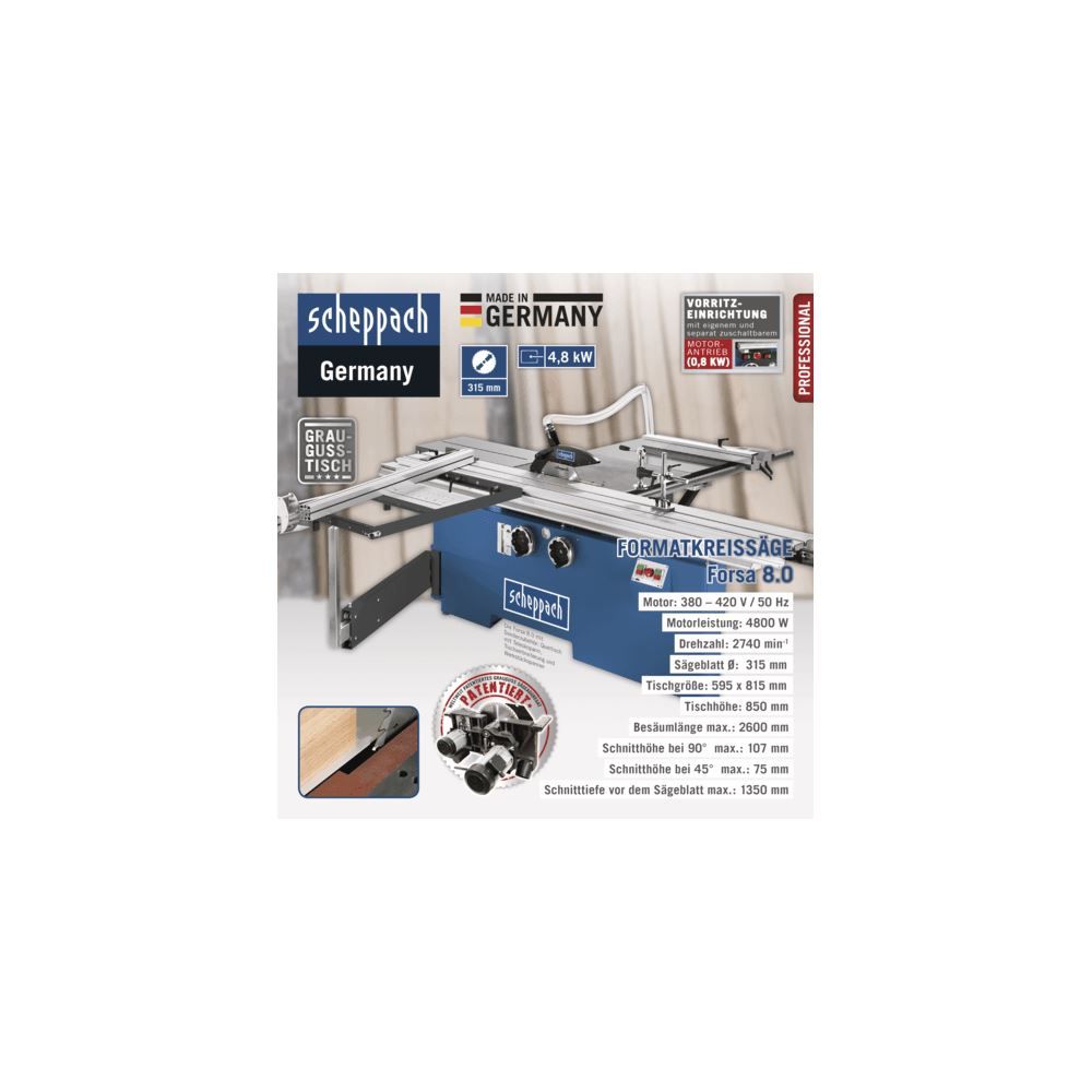 Produktbild SCHEPPACH Formatkreissäge Forsa 8.0 inkl. Vorritzer 400V 50Hz 4800W bild 2