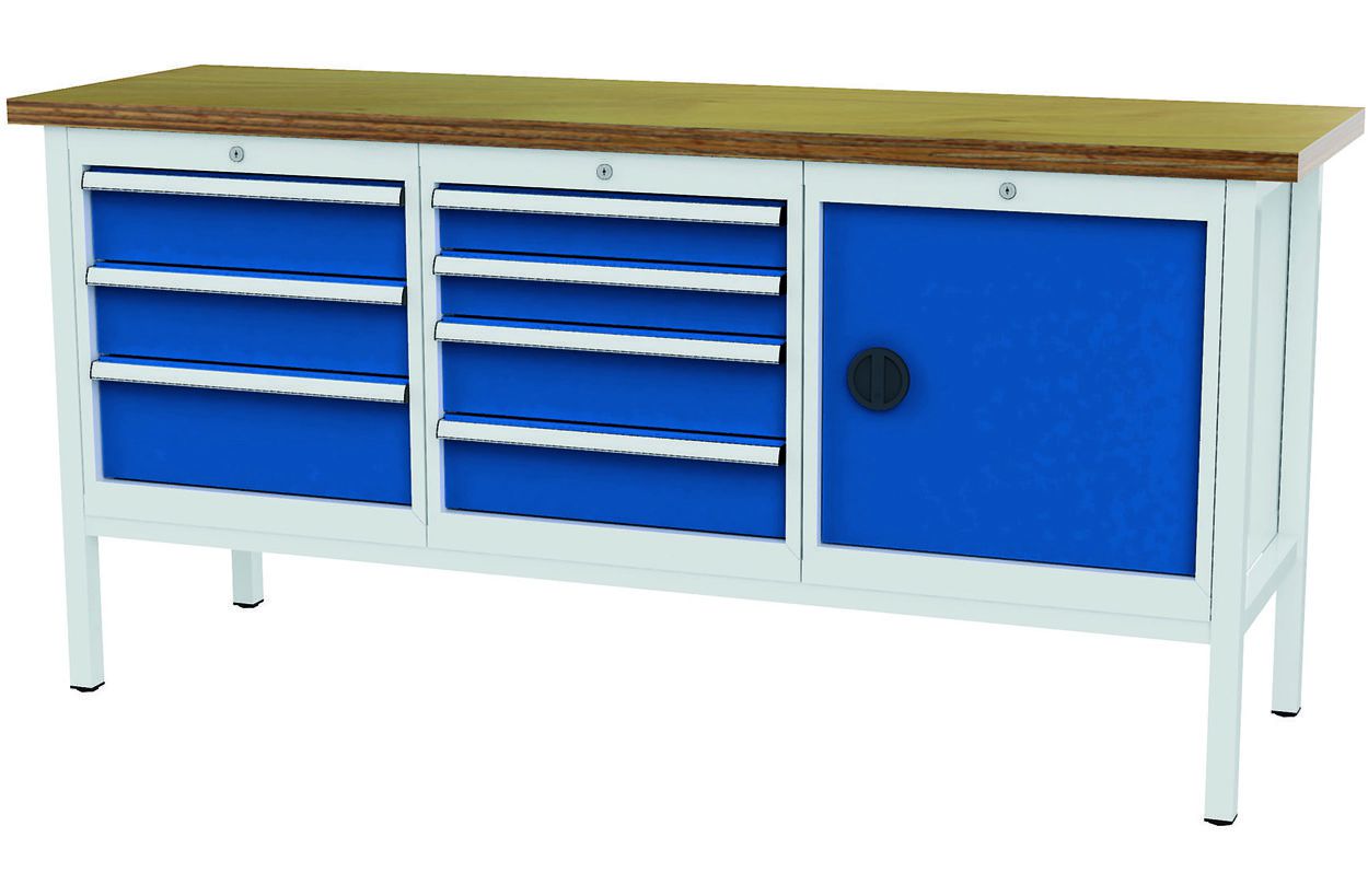 Produktbild FORUM Kastenwerkbank Breite 2000mm 7 Schubladen 1 Tür RAL7035 5010