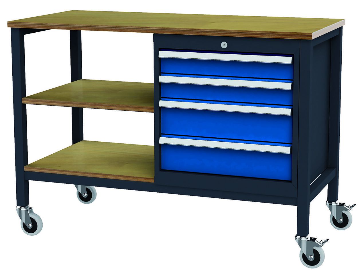 Produktbild FORUM Kastenwerkbank mobil Breite 1300mm 4 Schubladen 2 Böden RAL7016 5010