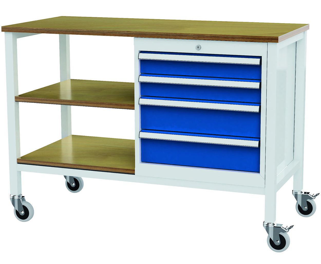 Produktbild FORUM Kastenwerkbank mobil Breite 1300mm 4 Schubladen 2 Böden RAL7035 5010