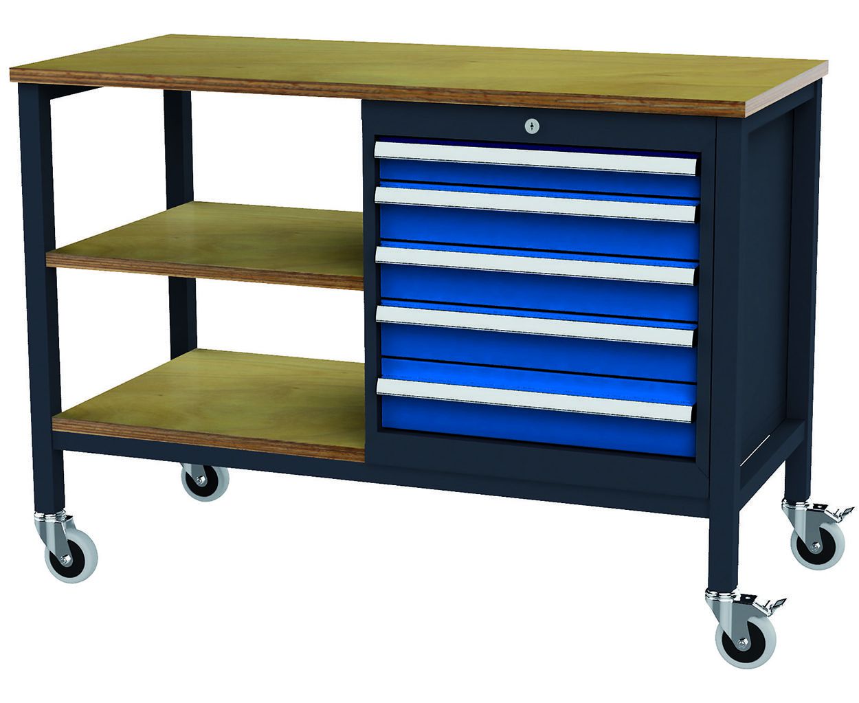 Produktbild FORUM Kastenwerkbank mobil Breite 1300mm 5 Schubladen 2 Böden RAL7016 5010