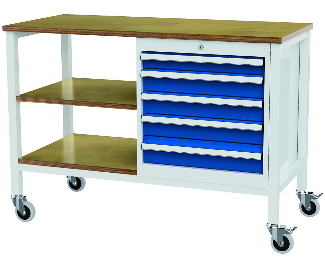 Produktbild FORUM Kastenwerkbank mobil Breite 1300mm 5 Schubladen 2 Böden RAL7035 5010