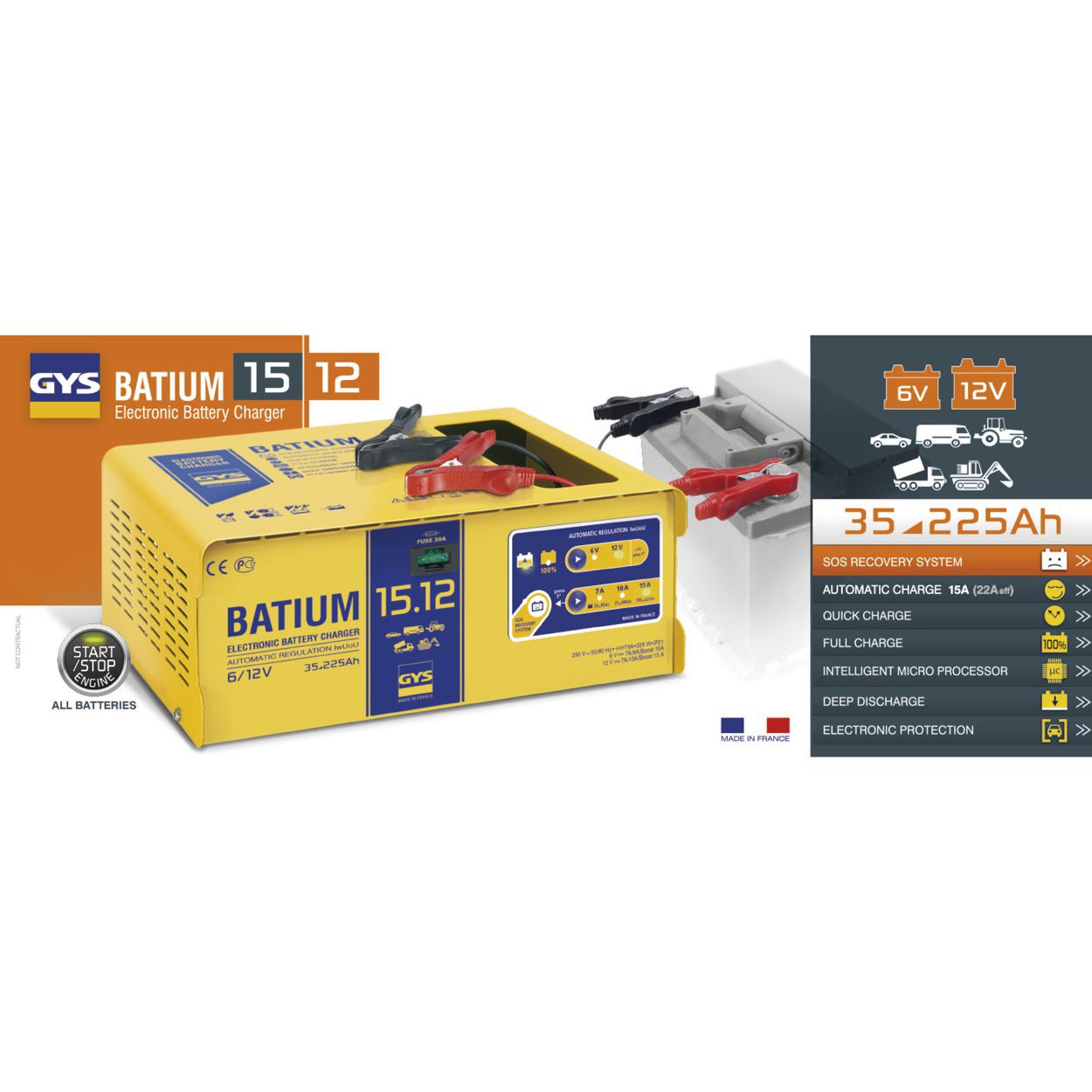 Produktbild GYS BATIUM 15.12 Automatisches Batterieladegerät inklusive Erhaltungsladung 35-225Ah bild 1